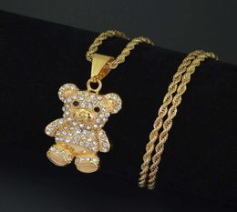 hip hop cartoon Teddy bear diamonds pendant necklaces for men women western luxury necklace Stainless steel Cuban chains jewelry1705366