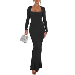 Casual Dresses Women's Sexy Square Neck Long Sleeve Bodycon Maxi Dress Soft Elegant And Pretty Sophisticated