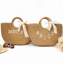 Party Supplies Custom Straw Bags With Letter Rhinestones Women Vacation Beach Tote Bag Wedding Bridal Shower Bride Basket Honeymoon Gift