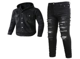 2023 Tracksuits Punk Street Men039s Black 2pcs Jeans Sets Spring Hooded Denim Jacket and Ripped Patch Stretch Pants Vintage Men8437451