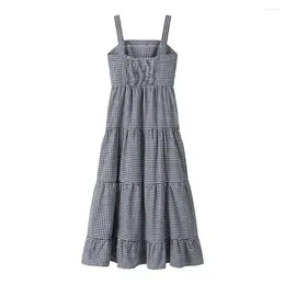 Casual Dresses Women Embroidered Dress Loose Cut Pleated Midi Lobster Plaid For A-line Vacation Beach