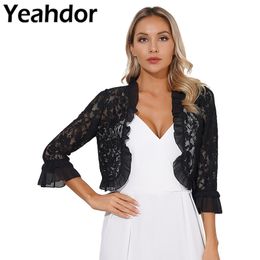 Womens Frilly Floral Lace Cardigan Bridal Wraps Open Front Ruffle Trim Bolero Top Wedding Beach Shawl Sheer Cover Ups Jacket