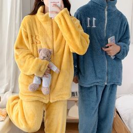Couple Pyjamas Set Autumn Winter Flannel Long Sleeve Zipper Long Plush Sleepwear Suit Men Nightcloth Thick Velvet Thermal Women