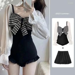 Women's Swimwear 2024 Sexy One-Piece Swimsuit Black And White Big Bow Long-Sleeved Sunscreen Beach Dress Solid Colour