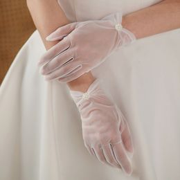 WG083 Fresh Wedding Bridal Gloves Soft Tulle Small Pearls-Flower White Short Brides Bridesmaid Pageant Perform Prom Gloves