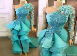 2020 Mint Green Mermaid Evening Dresses With Feathers Elegant Long Side Split One Shoulder Plus Size Prom Gown 2020 Formal Party D2266176