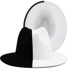 Black White Patchwork Wool Felt Jazz Fedora Women Unisex Wide Brim Panama Party Trilby Cowboy Cap Men Gentleman Wedding Hat 2207184777935