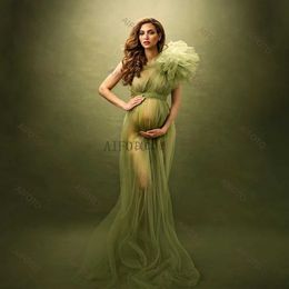 Maternity Dresses Maternity Photography Props Dresses One Shoulder Tulle Sexy See Thru Mesh Gowns Pregnancy Photo Shoot Womens Split Long Dress 240412