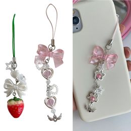 Cute Strawberry Keychain Bowknot Phone Charm Handmade Strawberry Phone Charm Bowknot Phone Jewelry for Woman Girls Teens