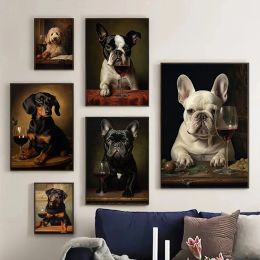 Cute French Bulldog Dachshund Enjoying Wine Dog Portrait Poster Print Canvas Painting Funny Pet Wall Art For Living Room Decor