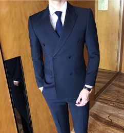 Pants Spring/summer Navy Blue Wedding Suits Slim Fit Grooms Double Breasted Coat Pants 2 Pieces Business Evening Party Man Clothing