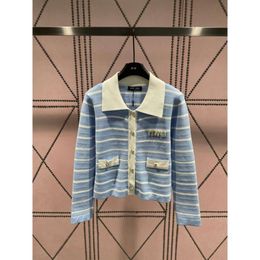 Women's Knits & Tees Mm23 Autumn/winter Letter Stripe Contrast Polo Collar Knitted Cardigan French Elegant Shirt Slimming