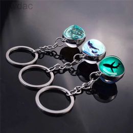 Key Rings Fashion Sea Animals Keychain Turtle Starfish Shark Jellyfish Dolphin Pattern Double Side Glass Ball Pendant Keyring 240412