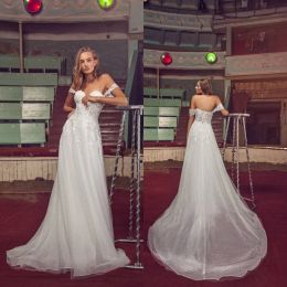 2024 Elegant Wedding Dresses Off Shoulder Lace Appliques Bridal Gowns Backless Sweep Train A Line Wedding Dress