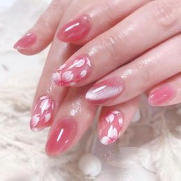 False Nails White Flowers Detachable French Pink Fake Full Cover Short Almond Nail Tips For Salon