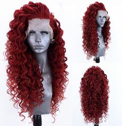 Wine Red Kinky Curly Synthetic Lace Front Wig Heat Resistant Fiber Hair Natural Hairline Parting For Women Wigs with Baby Hai5625270