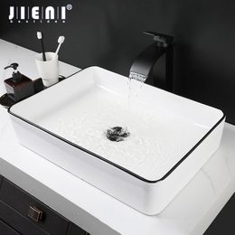 JIENI Bathroom Sink White Ceramic Basin Black Edge Rectangle Washbasin Faucet Set W/ Drainer Waterfall Outlet Hot Cold Mixer Tap