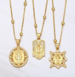 Pendant Necklaces FLOLA Bead Chain Saint Benedict Medal Necklace Copper Zircon White Stone Short Gold Plated Catholic Jewelry Nkea8753333