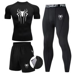 Sets Compression Shirt Sportswear Men Running TShirt Short Sleeve Fitness Leggings Quick Dry Sports Top Black Workout White Clothes
