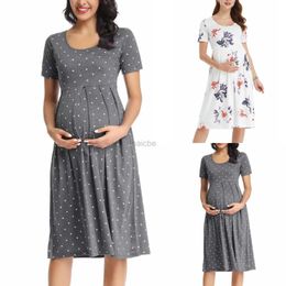 Maternity Dresses Maternity Dots Prints Dress Ruffle Casual Summer Short Sleeve Women Nursing Dress Pregnancy Crew Neck Floral Basic Nursed Dress 240412