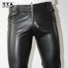 Pants New Sexy Zipper Designer Mens Skinny Pencil Pants Pu Leather Stretchy Man Long Trousers Punk Plus Size Motorcycle Biker Pants