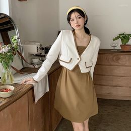 Work Dresses Two Piece Set For Women Spring 2024 French Solid Colour Suspender Knee-length Dress Single Button Cardigan Short Coat Suit