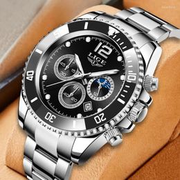 Wristwatches LIGE 2024 Fashion Men Watch Calendar Stainless Steel Top Sports Chronograph Quartz Relogio Masculino Box