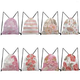 Backpack Outdoor Beach Fashion Print Book Bag Drawstring Foldable Custom Pattern Pink Rose Design Eco Reusable Portable