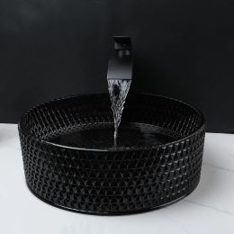 ZAPPO Black Bathroom Vessel Sink Crystal Glass Vessel Sink Faucet Tap Combo Countertop Sink for Bathroom Hotel Deck Mount Sinks