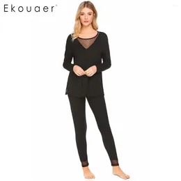 Home Clothing Ekouaer Autumn Pajamas Set Women O Neck Long Sleeve Mesh Patchwork Blouse Pants Suit Loose Pajama Nightwear Female