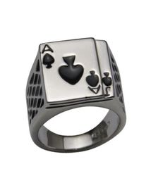 2014 Cool Men039s Jewelry Chunky 18K White Gold Plated Black Enamel Spades Poker Ring Men3483596