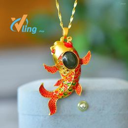 Pendant Necklaces Type Koi Inlaid With Green Chalcedony Egg Shaped Agate Collarbone Chain Enamel Goldfish Necklace Retro