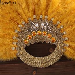 JaneVini 2023 Luxury Crystal Gold Ostrich Feather Bridal Bouquets Fan Handmade African Turkey Brooch Handfan Wedding Accessories