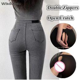 Women's Jeans Sexy Double Zippers Open Crotch Outdoor Sex Woman Skinny High Waist Denim Pants Trousers Female Crotchless Erotic Clothes
