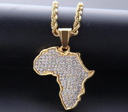 Hip Hop African Maps Full Drill Pendant Necklaces 14kK Gold Plated Set Auger Crystal Stainless Steel Necklace Mens Women Jewelry G6343680