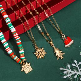 IngeSight.Z 4pcs/set Colorful Soft Clay Beaded Snowflake Bell Pendant Necklaces Women Retro Copper Bead Chain Christmas Jewelry