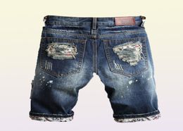 Brand Shorts Shorts Shorts Shors Scher Summer Capri Men039s Biker Fashion Elasticità casuale Hole Anganited Denim Blue Short Jean9616125