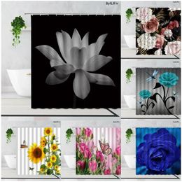 Shower Curtains Black White Lotus Nature Flowers Curtain Set Yellow Sunflower Blue Rose Butterfly Floral Waterproof Fabric Bathroom Decor