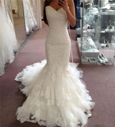 Beaded Lace Mermaid Wedding Dresses Vintage Sweethart Court Train Wedding Gown Ivory Tiered Tulle Corset Plus Size Bridal Gowns2258063