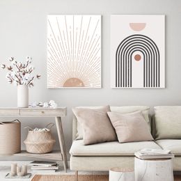 Boho Abstract Geometric Sun Rising Rainbow Beige Canvas Painting Wall Art Pictures Posters Print Interior Living Room Home Decor