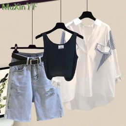 Womens Summer Fashion Sunscreen ShirtTank TopHole Denim Shorts Three Piece Suit Korean Elegant Jeans Matching Set 240412