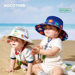 Summer Kids Bucket Hats with Adjustable Strap Cartoon Printed Children Sun Protection Panama Hat Boys Girls Beach Outdoor Caps 240401