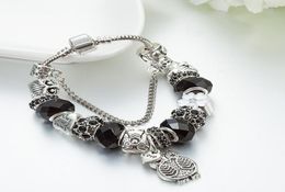 Strands Charm 925 silver bracelet black beads, owls and Diy flowers for women's charms5276255