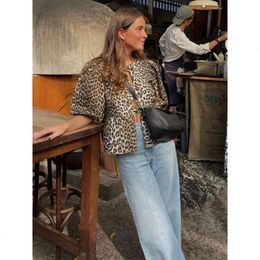 2024 Women's Blouses Spring Chic Leopard Print Hollow Out Shirt Women Fashion Loose O Neck Short Sleeve Tops 2024 Lady Elegant Office High Selling