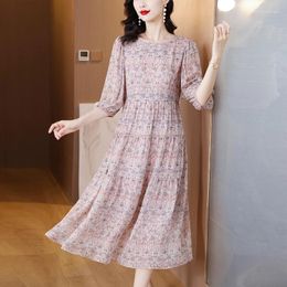 Party Dresses Summer Pink Floral Silk Casual Beach Long Dress Women Chic Puff Sleeve Bow Ruffled Collar 2024 Elegant Bodycon Prom Robe