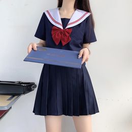 Basic JK White Collar Two-Lines Schoolgirls Uniform Japanese Style Clothes Sailor Suits Pleated Skirt Anime COS Costumes Women