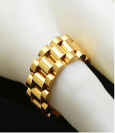 Classic Luxury 24K Gold Plated Men Watchband Rings Stainless Steel Golden Link Ring Hip Hop Mens Style Men Ring Watches Band Ring1117637