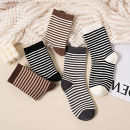 Socks & Hosiery Cashmere for Children's Autumn Winter Black White Striped High Tube Instagram Versatile College Style Coffee Coloured Pile