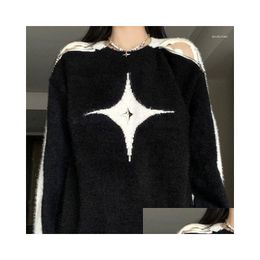 Kadın Sweaters 2024 Retro Kontrast Renkli Yıldız Kazak Y Slash Boyun Kapalı Shodder Uzun Kol Üstleri Sonbahar Harajuku Moda Damlası Dh3fu