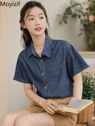 Women's Blouses Summer French Retro Minimalist Design Versatile Washed Denim Shirt For Women Loose Causal Short Sleeve Top